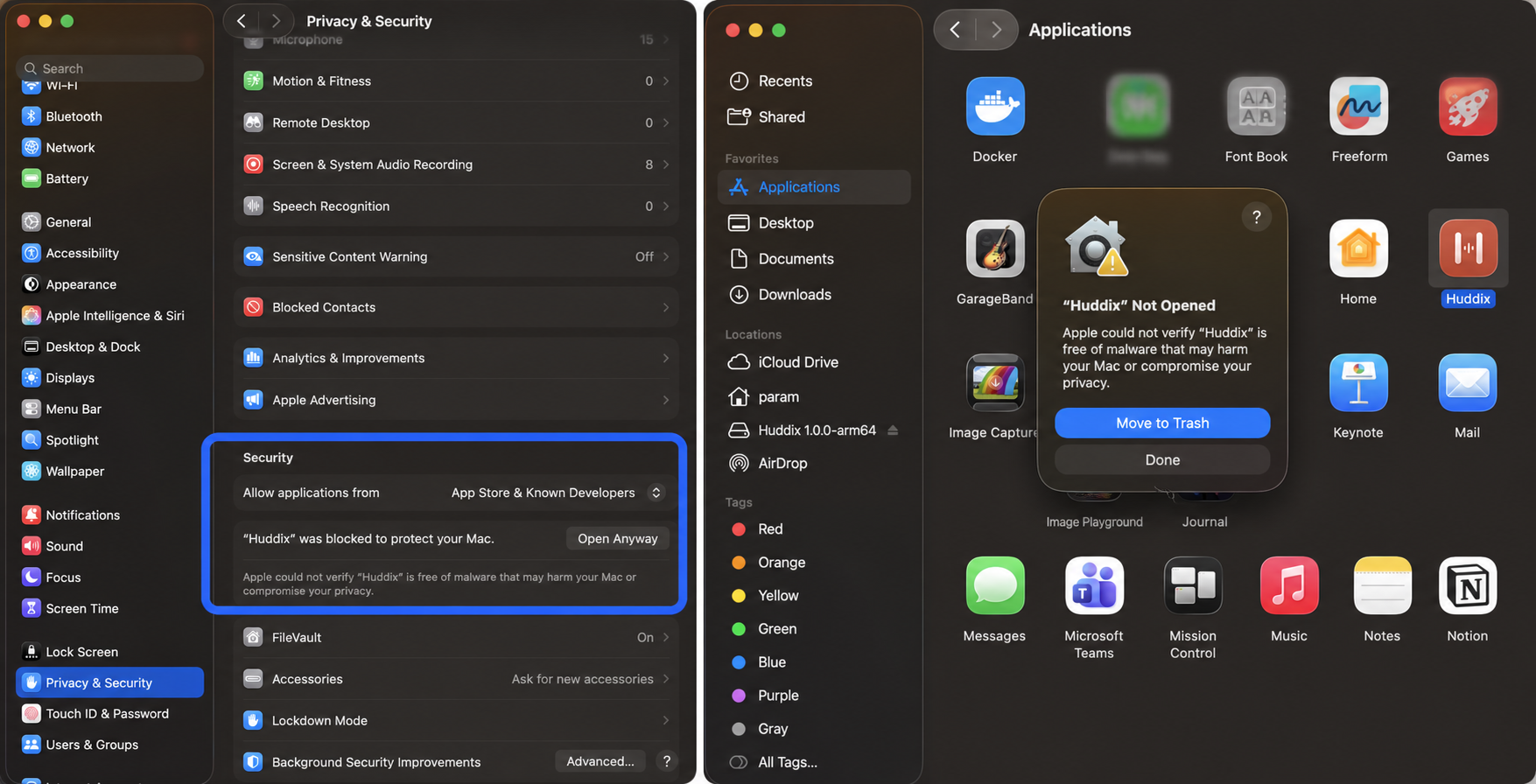 Two macOS screens: the Huddix security warning with the Move to Trash button, and the Privacy & Security page with the Open Anyway button highlighted.